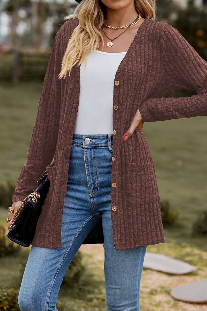 CWOCAL2286_BUTTON-UP BRUSHED RIBBED LONG SLEEVE CARDIGAN