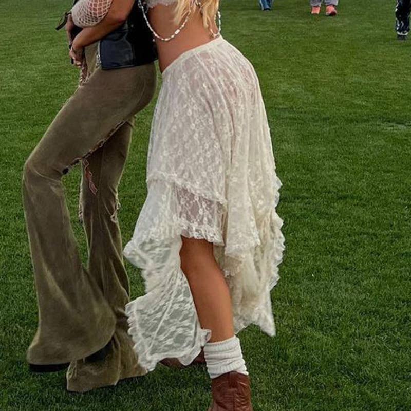 Sexy sheer lace layered midi skirt