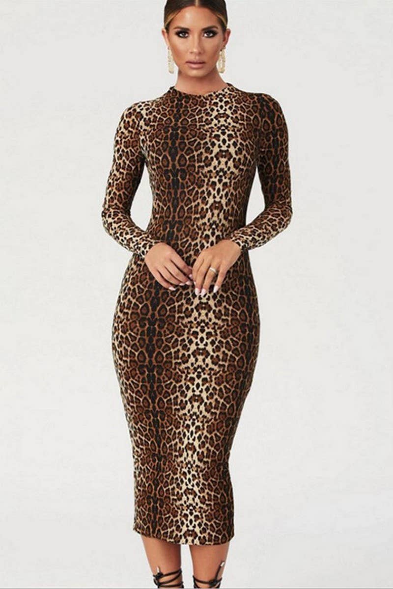 CWDMD4919_LEOPARD PRINT LONG SLEEVE SEXY FITTED DRESS