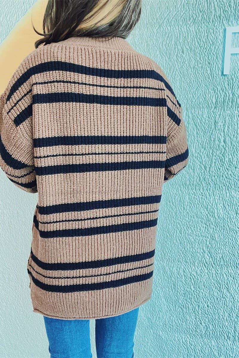 Thick pin stripe color contrast round neck pullover