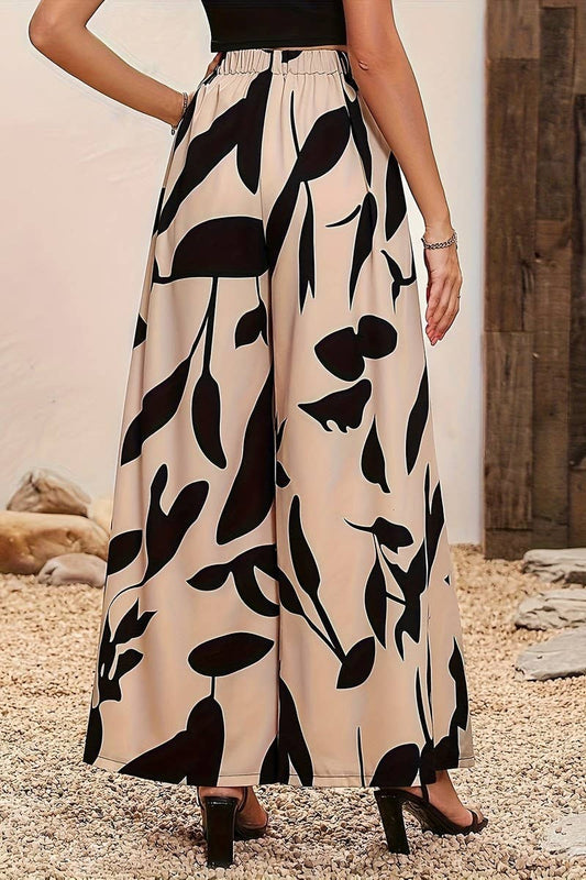 CWBLP1124_LEAF PRINT HIGH WAIST WIDE LEG CASUAL PANTS