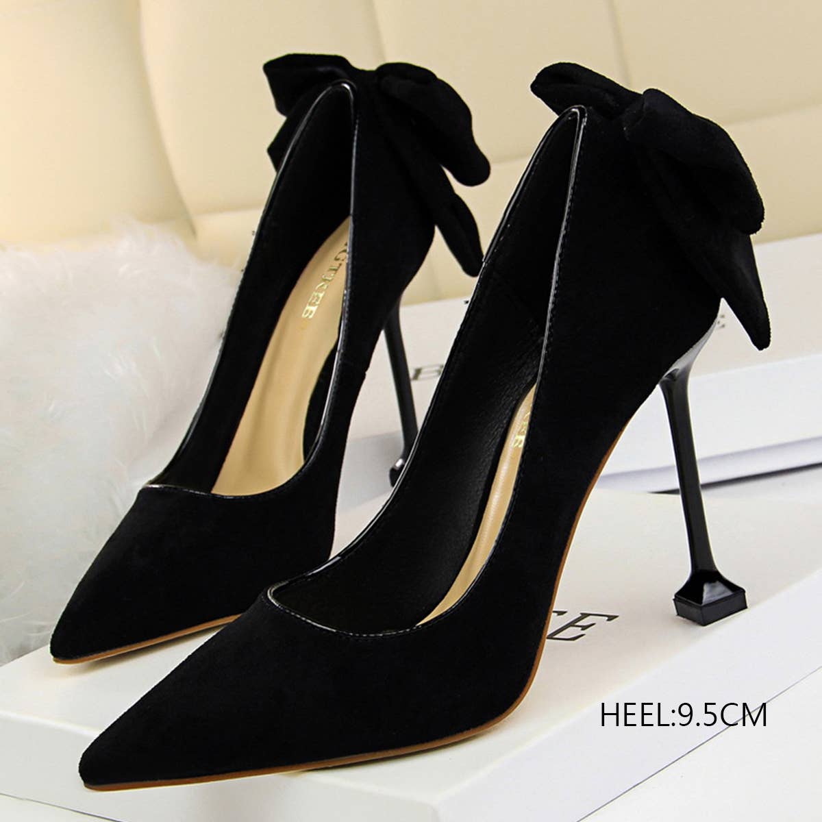 WOMEN SUEDE SHALLOW POINTED TOE BOW HIGH HEELS