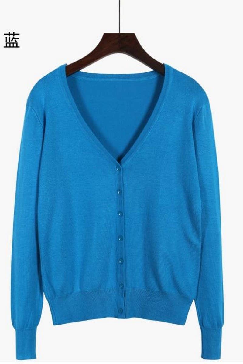 CWOCAL2074_V-NECK SOLID COLOR LONG-SLEEVED KNITTED CARDIGAN