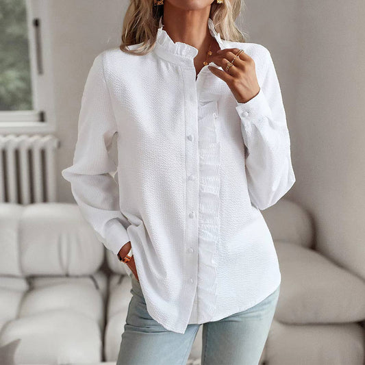 Striped ruffled long-sleeve single-breasted shirt