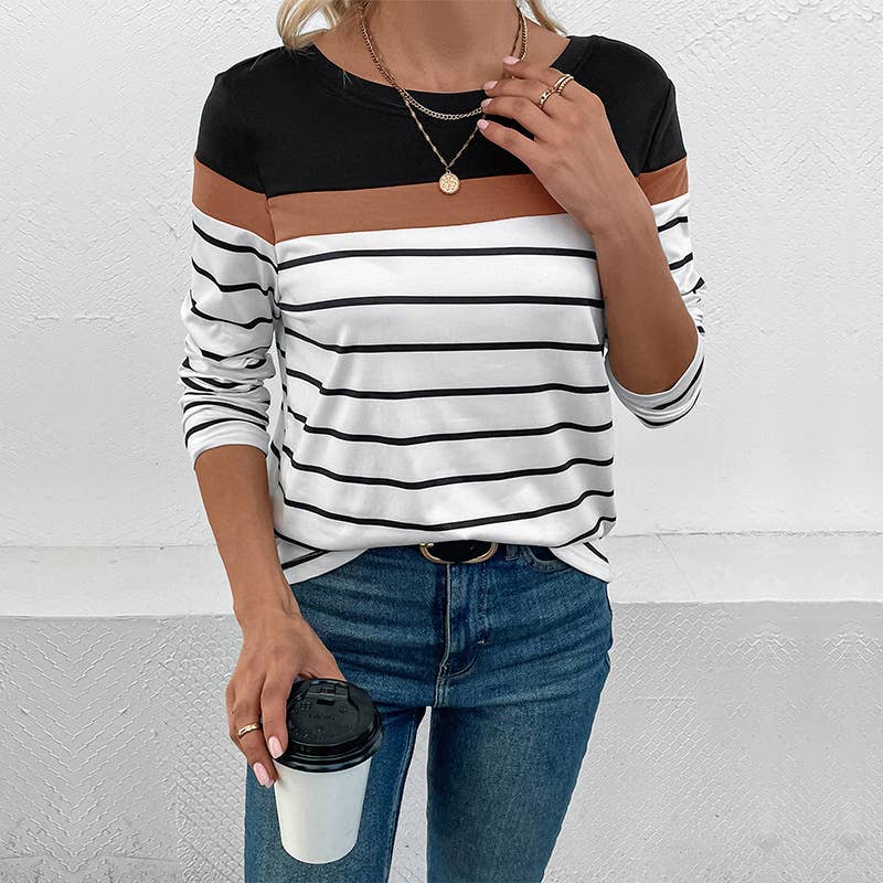 SIMPLE STRIPED COLOR CONTRAST LONG-SLEEVED TSHIRT