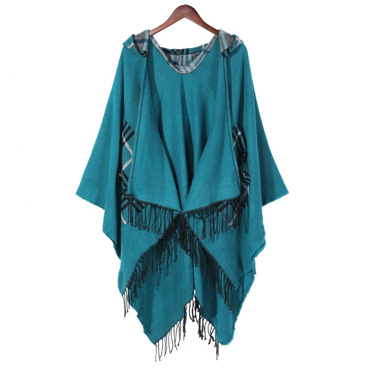 WOMEN HOODED TASSEL SPLIT SHAWL WRAPPED CLOAK