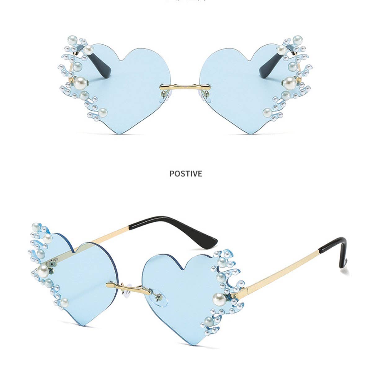 METAL RIMLESS PEARL HEART TEARS SUNGLASSES