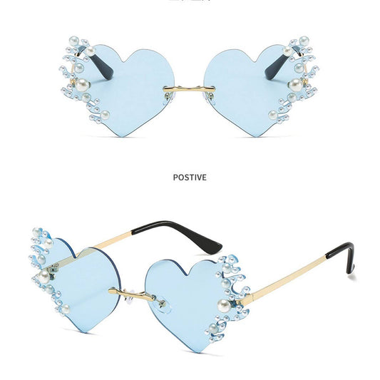 METAL RIMLESS PEARL HEART TEARS SUNGLASSES