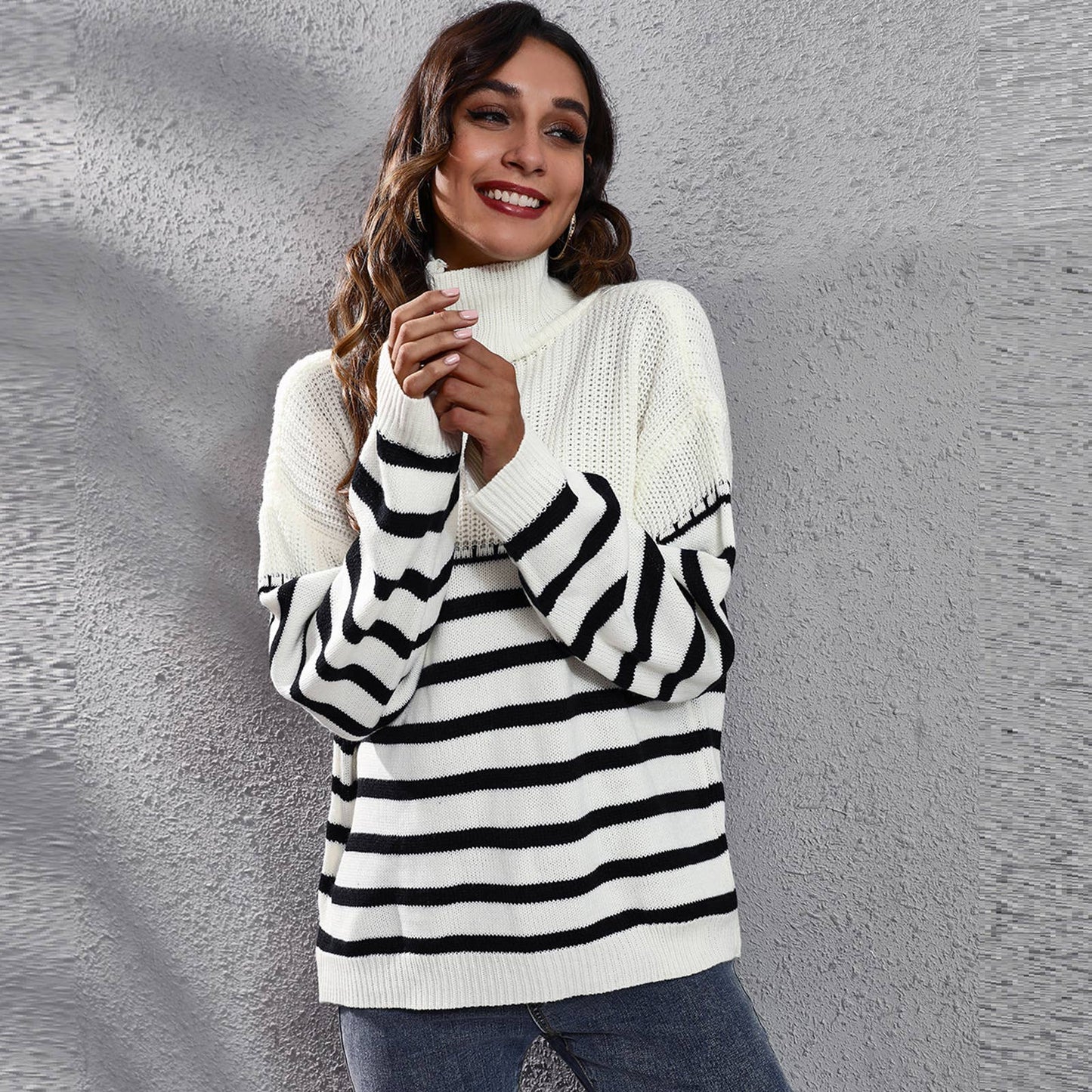 Striped patchwork turtleneck sweater