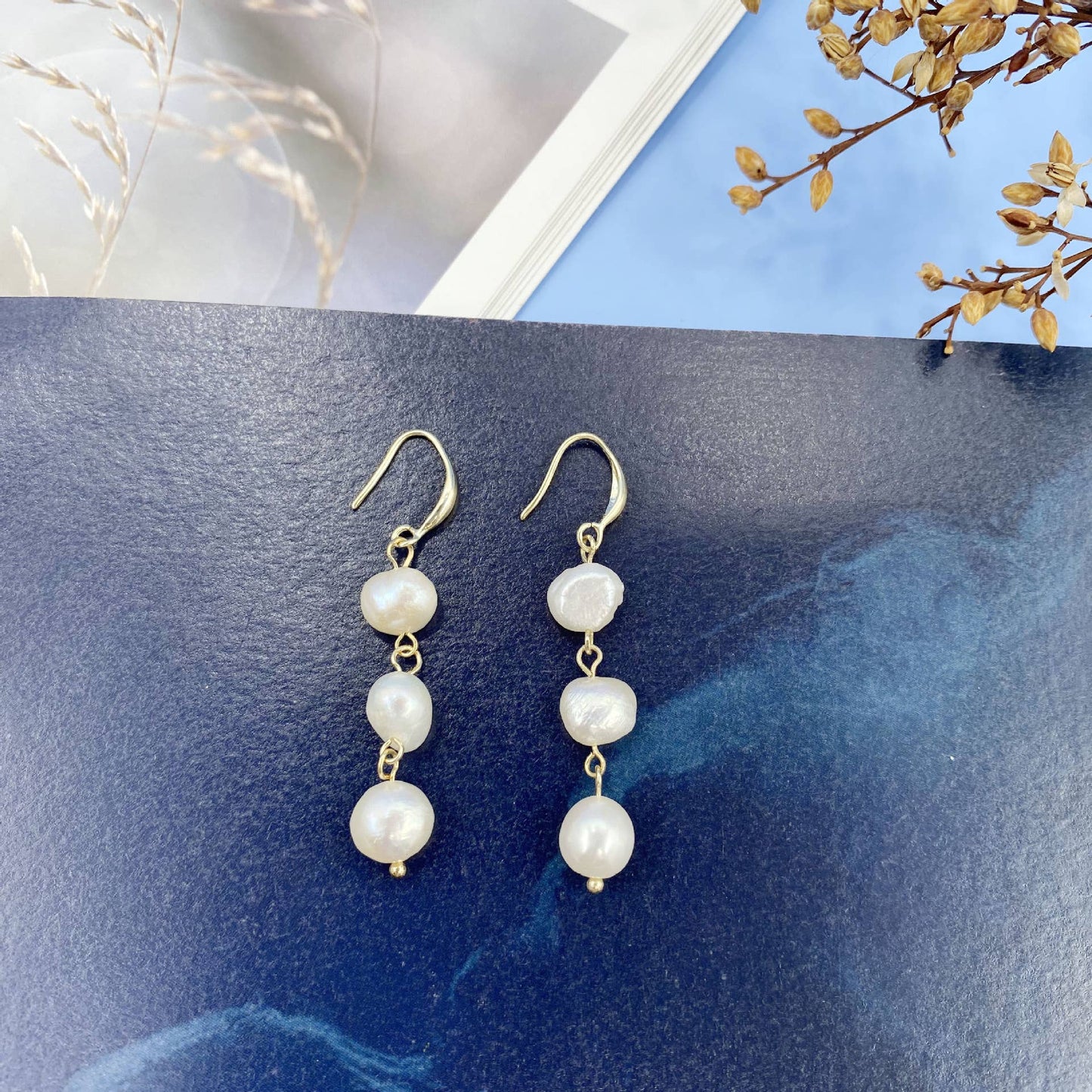 S925 Silver needle natural pearl long earrings