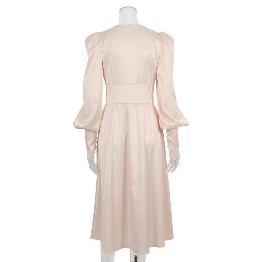 CWDMD4167_VINTAGE SATIN COURT DRESS WITH WAIST AND V-NECK