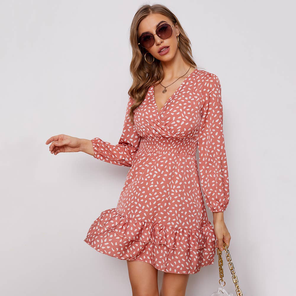 V-NECK BUBBLE LONG SLEEVE SKIRT DRESS