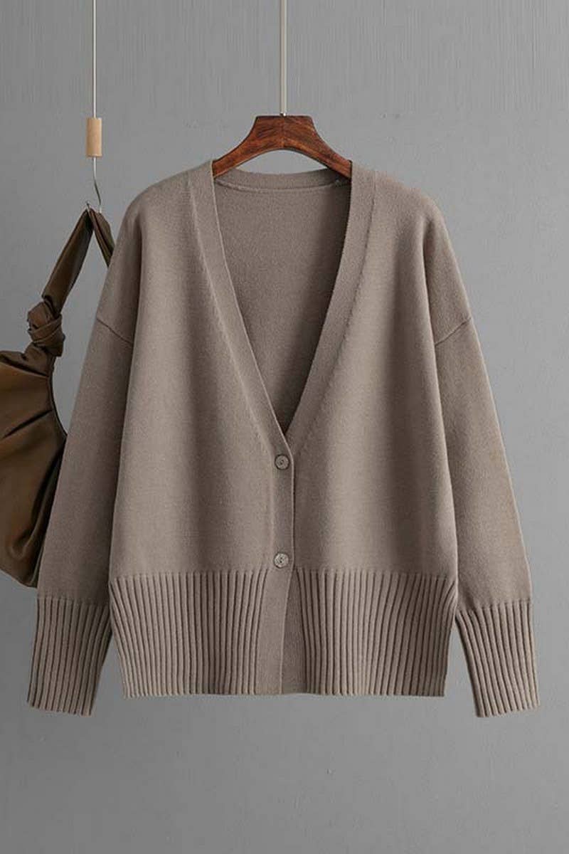 CWOCAL00665_V NECK SOLID LOOSE KNIT CARDIGAN SWEATER