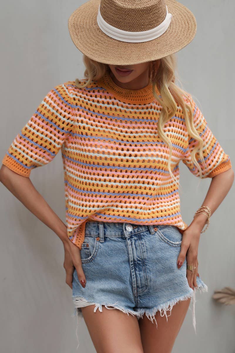 Cwtts0736_Crochet Short Sleeve Pullover Sweater