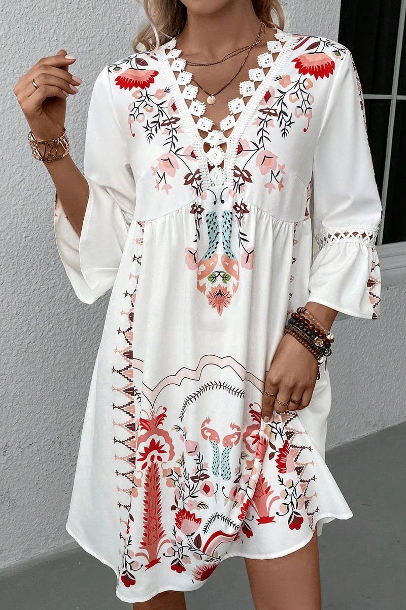 CWDMD4946_SUMMER V-NECK LACE PATCHWORK CASUAL PRINT DRESS