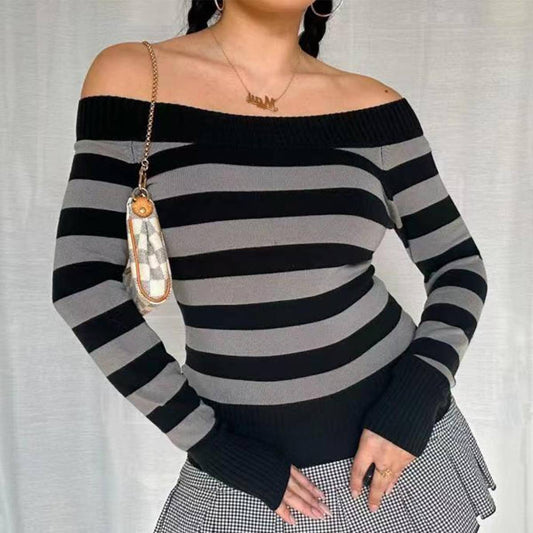 STYLISH SWEATER WITH A LINE NECK AND STRIPES