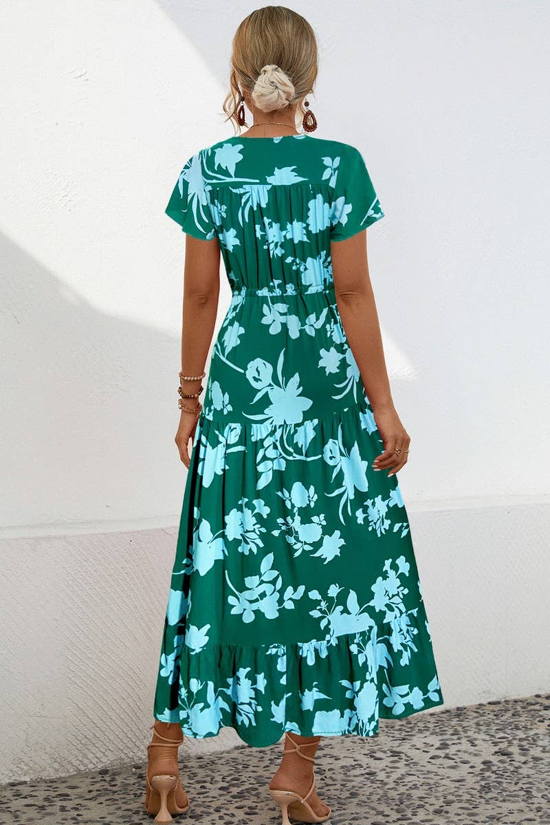 CWDMD2767_V-NECK FLORAL PRINT BUTTON-DOWN LONG DRESS