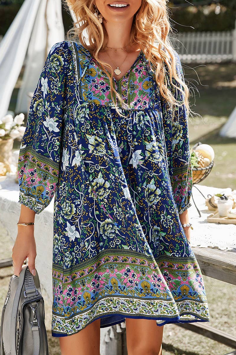 CWDSD10494_CONTRAST COLOR TIE THREE-QUARTER SLEEVE DRESS