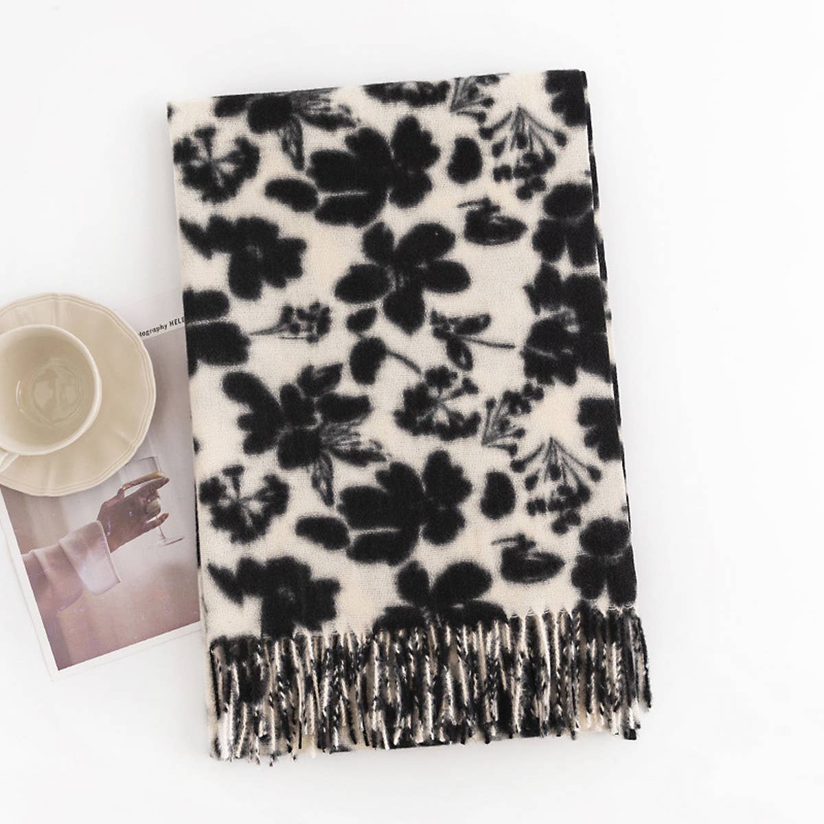 Rose Print Faux Cashmere Scarf for Women - Winter