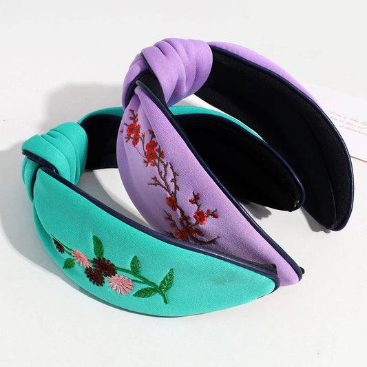 VINTAGE EMBROIDERED WIDE KNOTTED HEADBAND