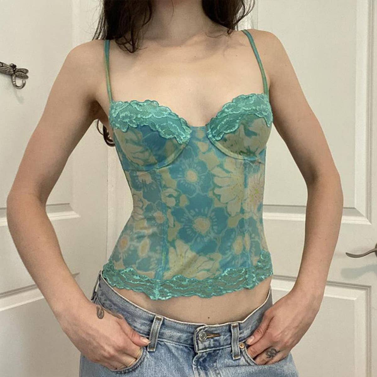 Vintage lace patchwork adjustable straps camisole