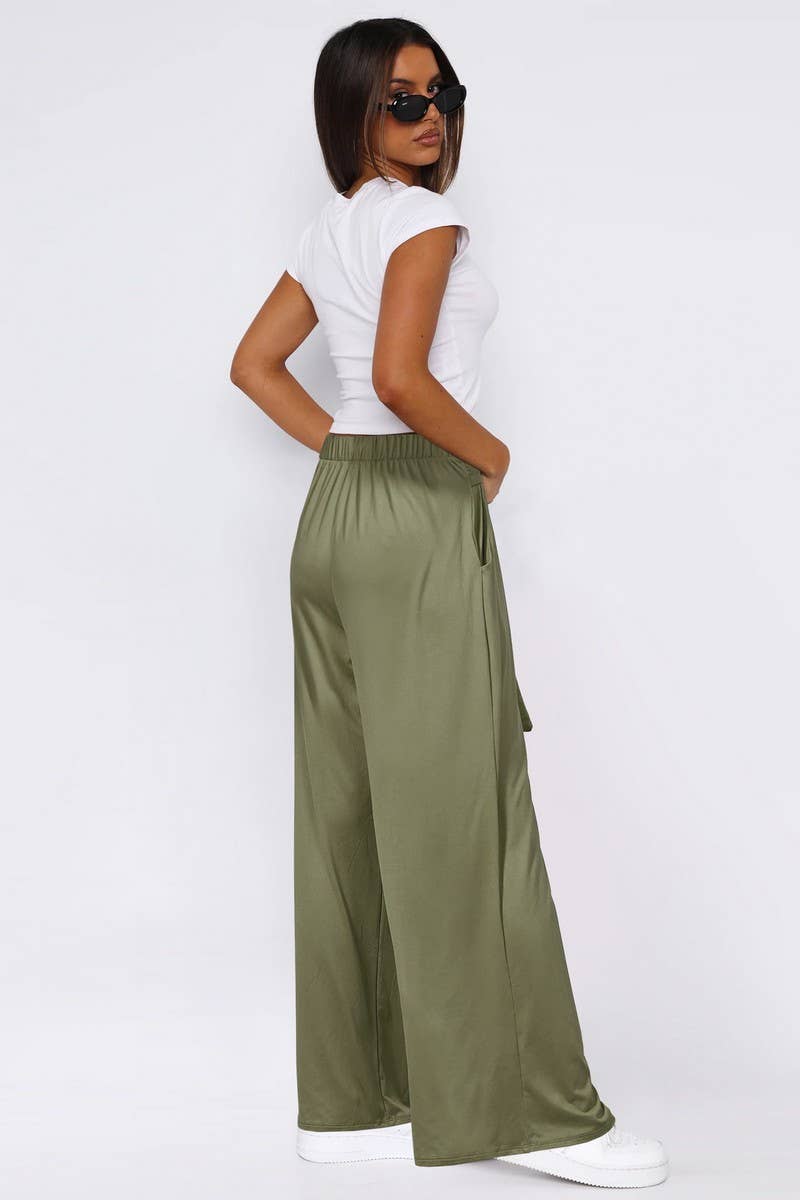 CWBLP1861_SOLID COLOR DRAPE LACE-UP WIDE-LEG PANTS
