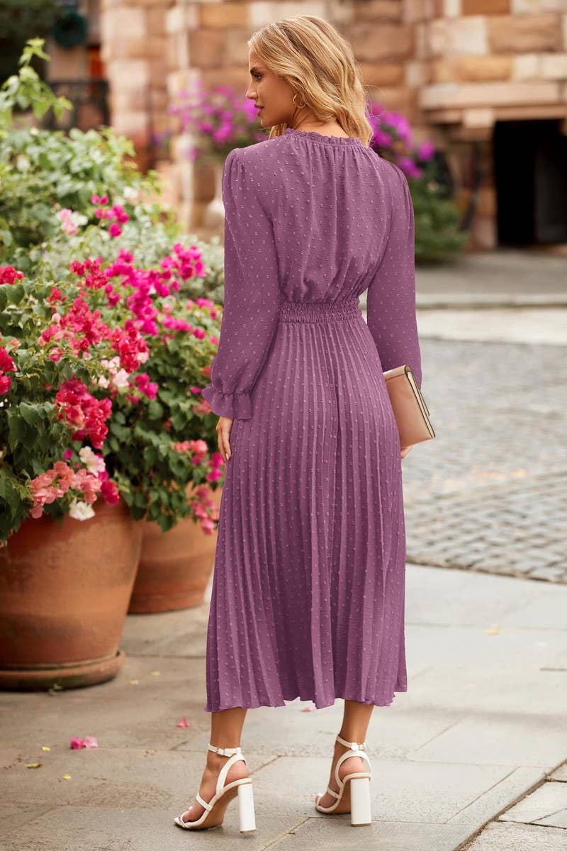 LONG SLEEVE POLKA DOT PLEATED FLOWING MAXI DRESS_CWDMD1321