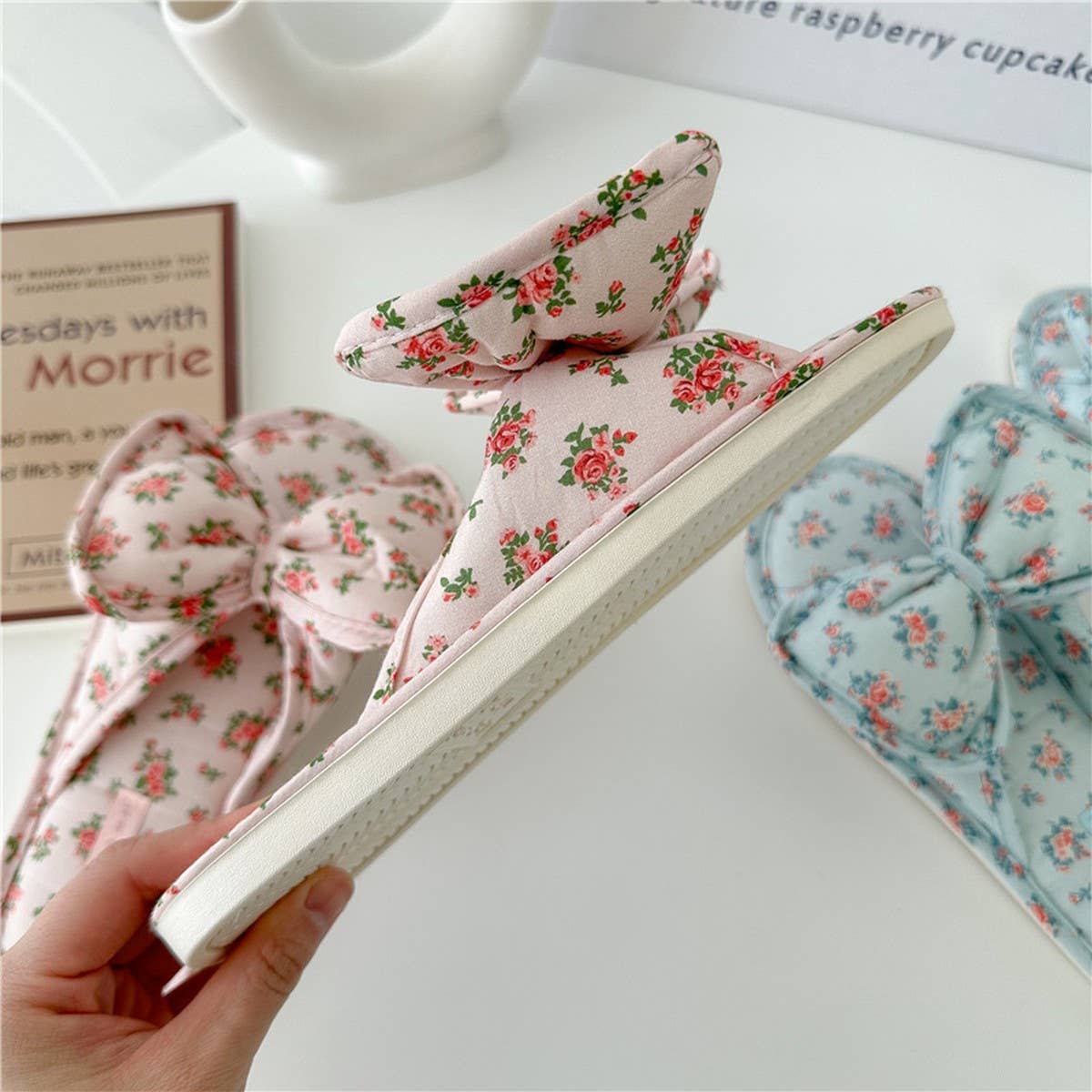 LIGHT BLUE FLORAL BOW-KNOT THICK-SOLED HOME SHOES