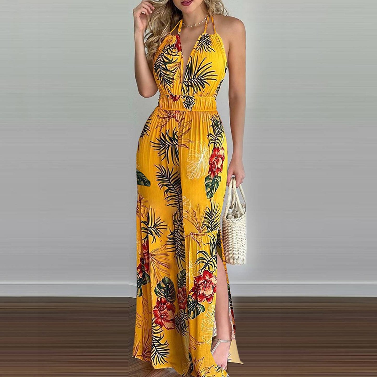 Printed colorful loose cinched-waist jumpsuit