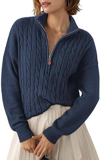 Semi-high neck zipper ribbed twist knit sweater