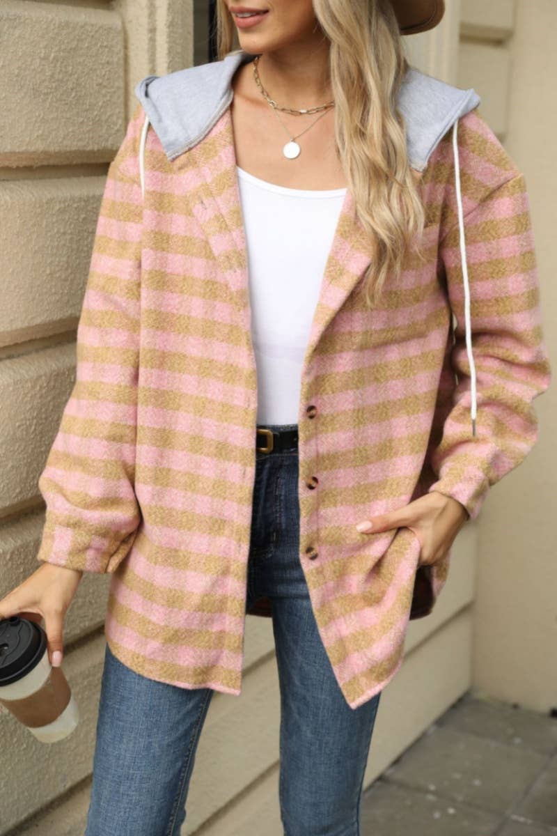 CWOCO0568_FALL PLAID HOODED PATCHWORK WOOLEN COAT