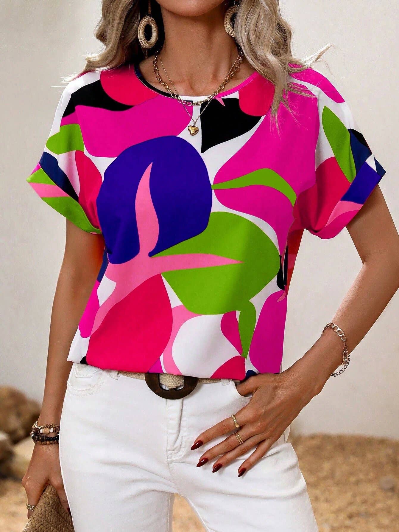 Fashion printed multi-color U-neck blouse