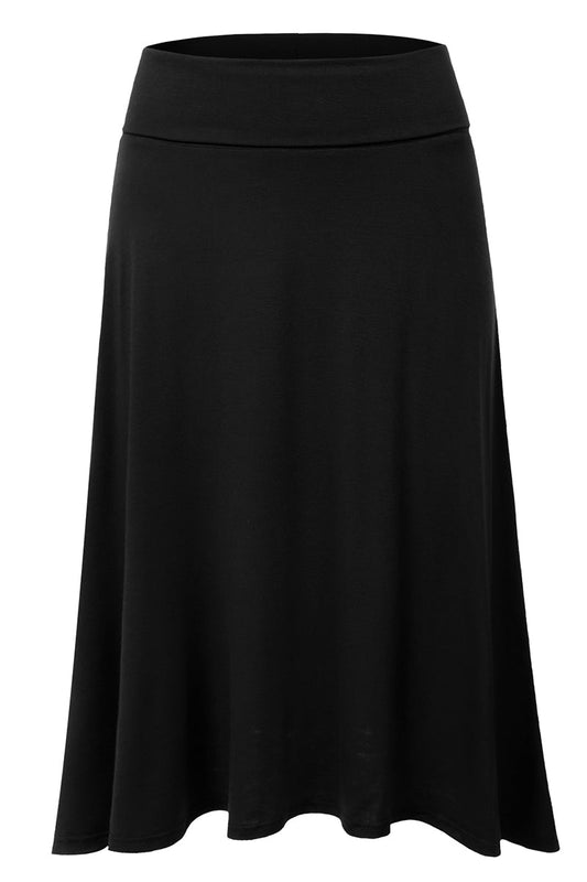 WOMEN'S BASIC ELASTIC WAIST BAND FLARED MIDI SKIRT