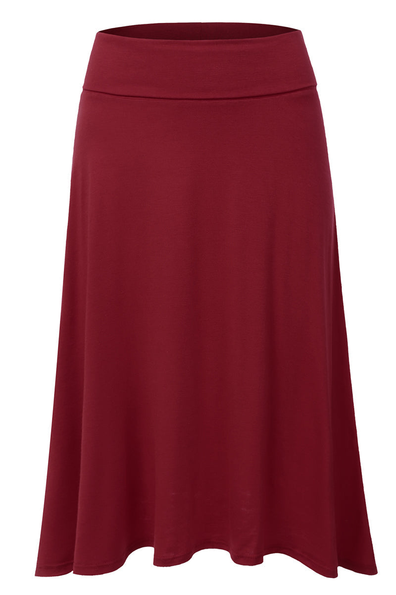 WOMEN'S BASIC ELASTIC WAIST BAND FLARED MIDI SKIRT