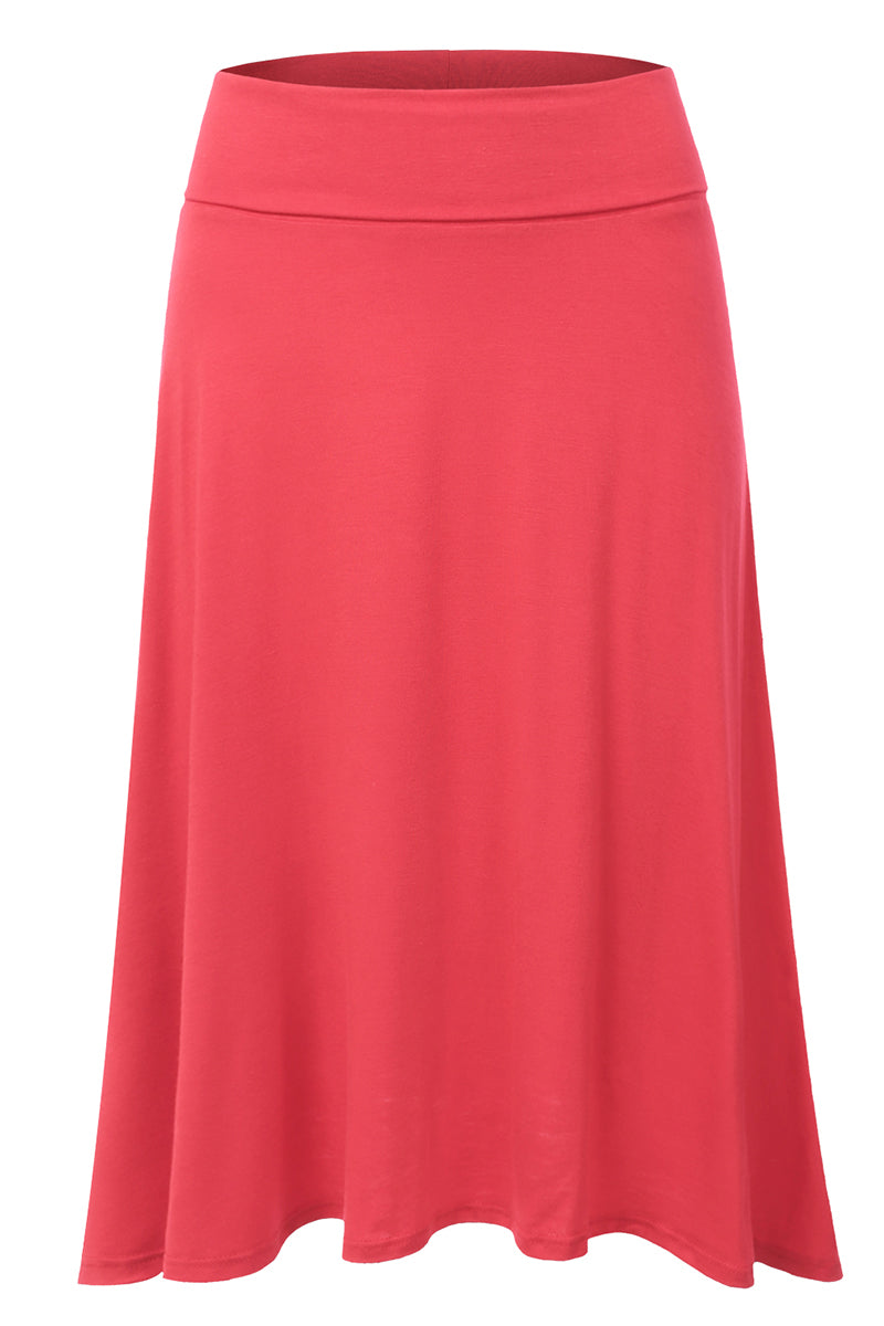 WOMEN'S BASIC ELASTIC WAIST BAND FLARED MIDI SKIRT