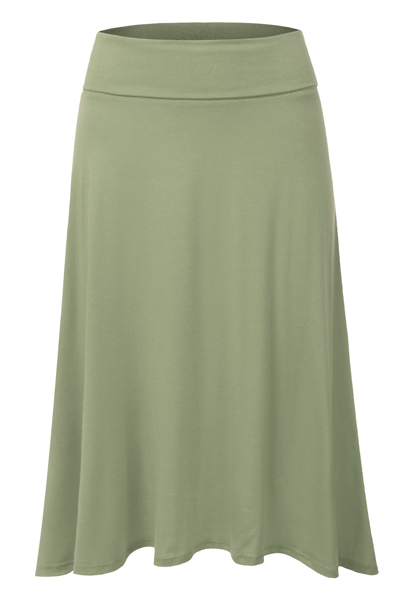 WOMEN'S BASIC ELASTIC WAIST BAND FLARED MIDI SKIRT