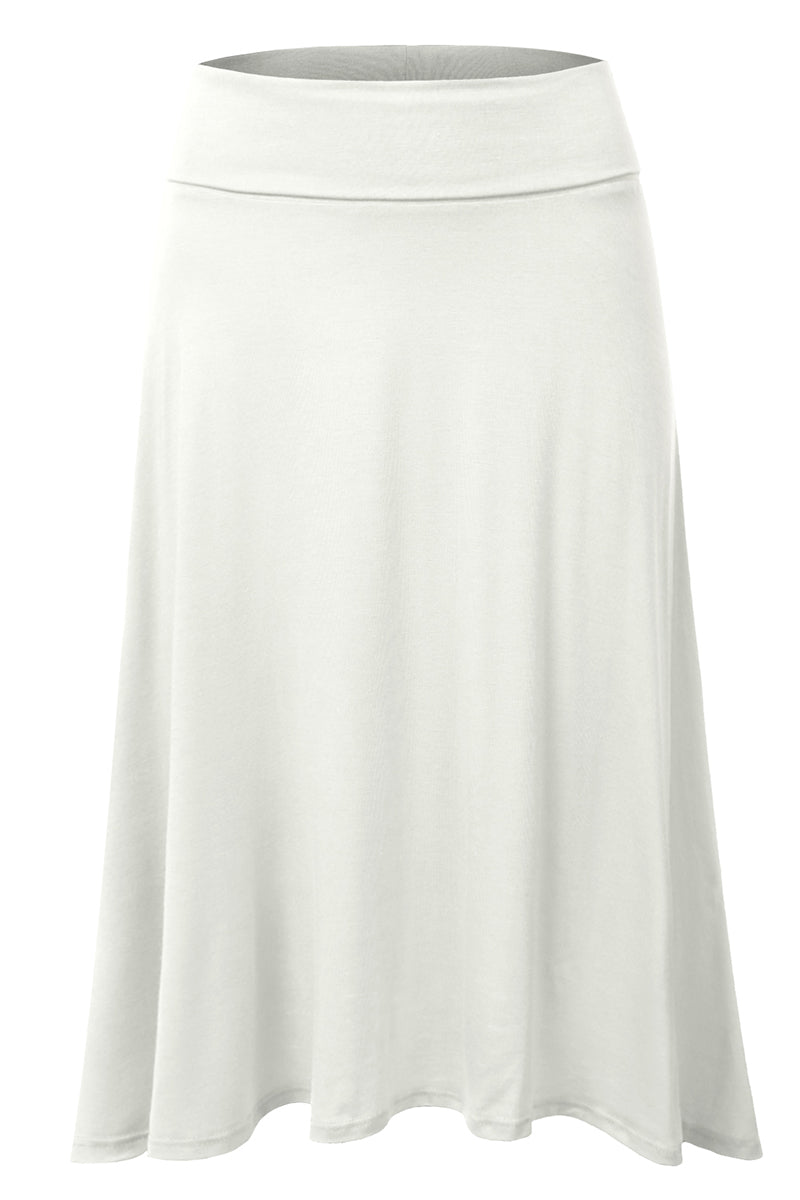 WOMEN'S BASIC ELASTIC WAIST BAND FLARED MIDI SKIRT