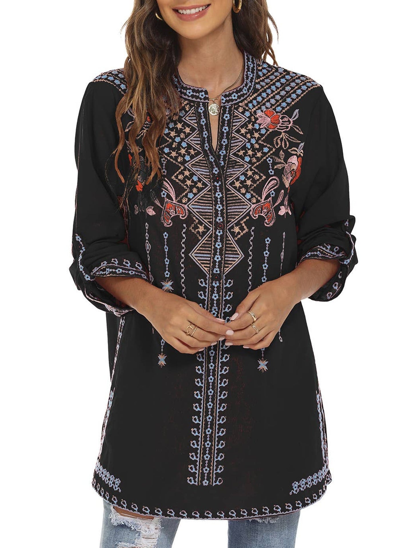 COTTON STAND-UP COLLAR EMBROIDERED SHIRT_CWTBLL0819