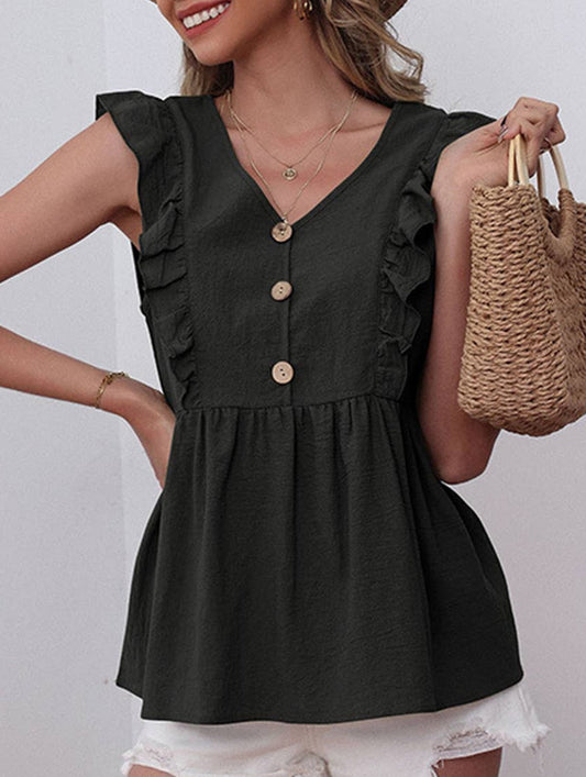 COTTON AND LINEN SLEEVELESS V-NECK BLOUSE_CWTBLSL0204