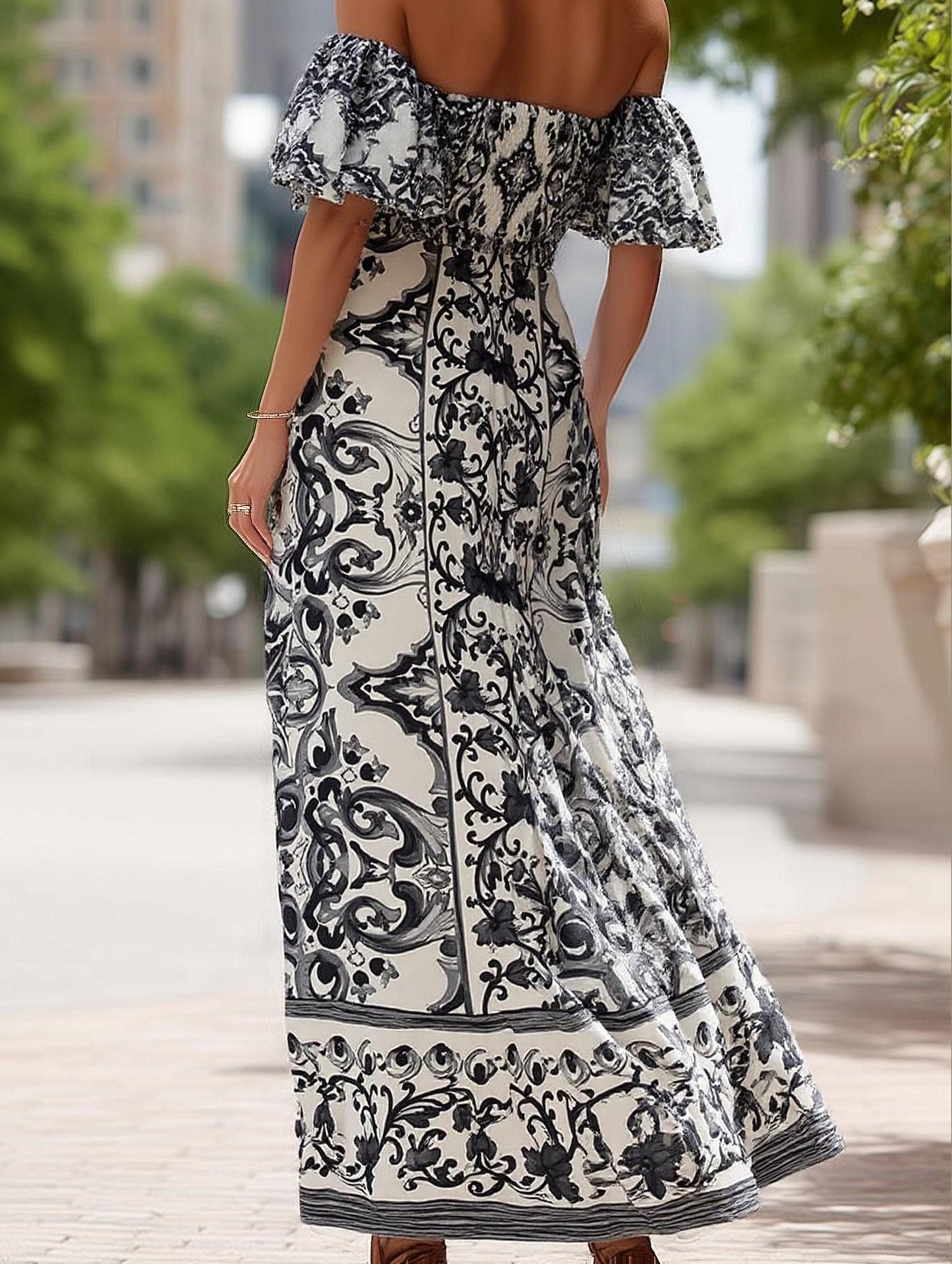 Bohemian One-Shoulder Maxi Dress ??Printed Flowy Summer Dress