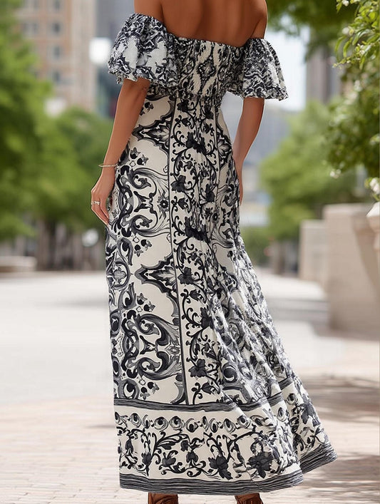 Bohemian One-Shoulder Maxi Dress ??Printed Flowy Summer Dress