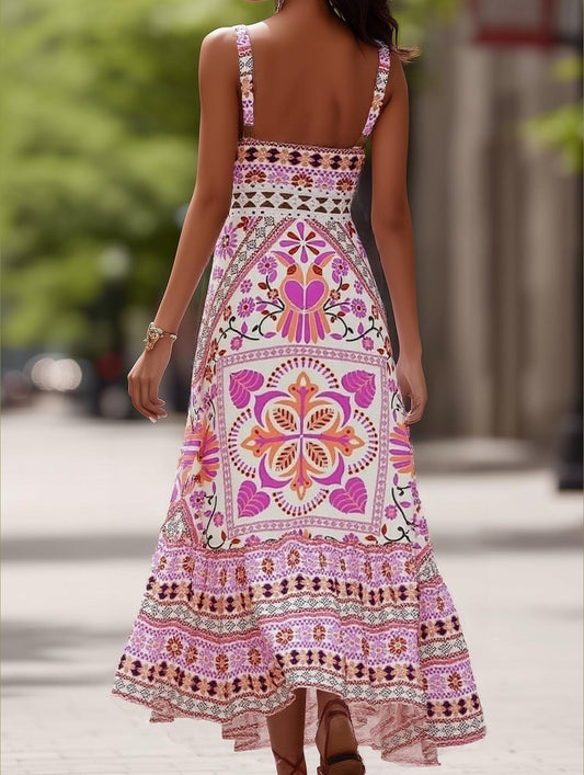 Cercal Bohemian Tropical Print Strappy Sundress ??Summer Vacation Maxi Dress