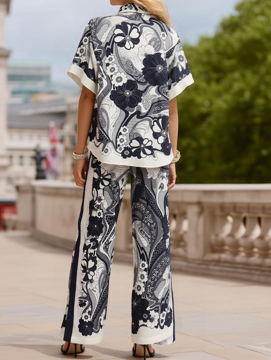 Vintage Print Linen Shirt and Pants Set ??Summer Casual Two-Piece