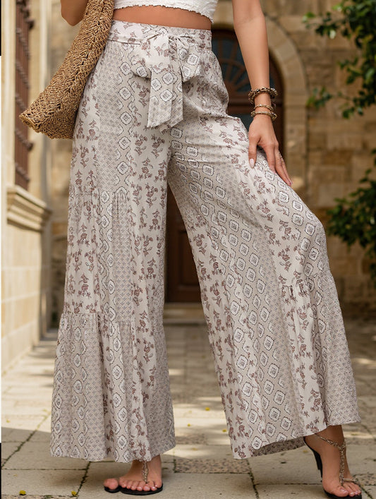 Lace-up geometric floral-print wide-leg pants