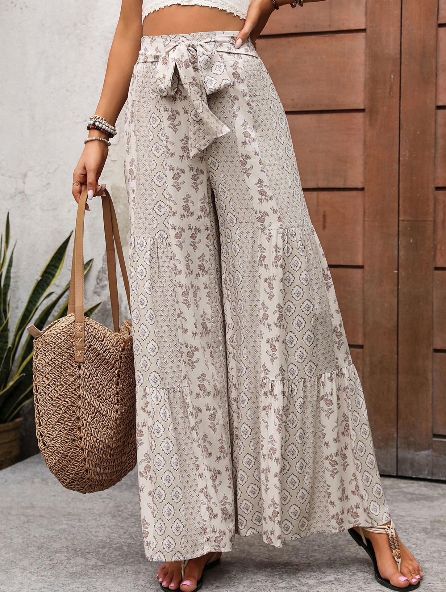 Lace-up geometric floral-print wide-leg pants