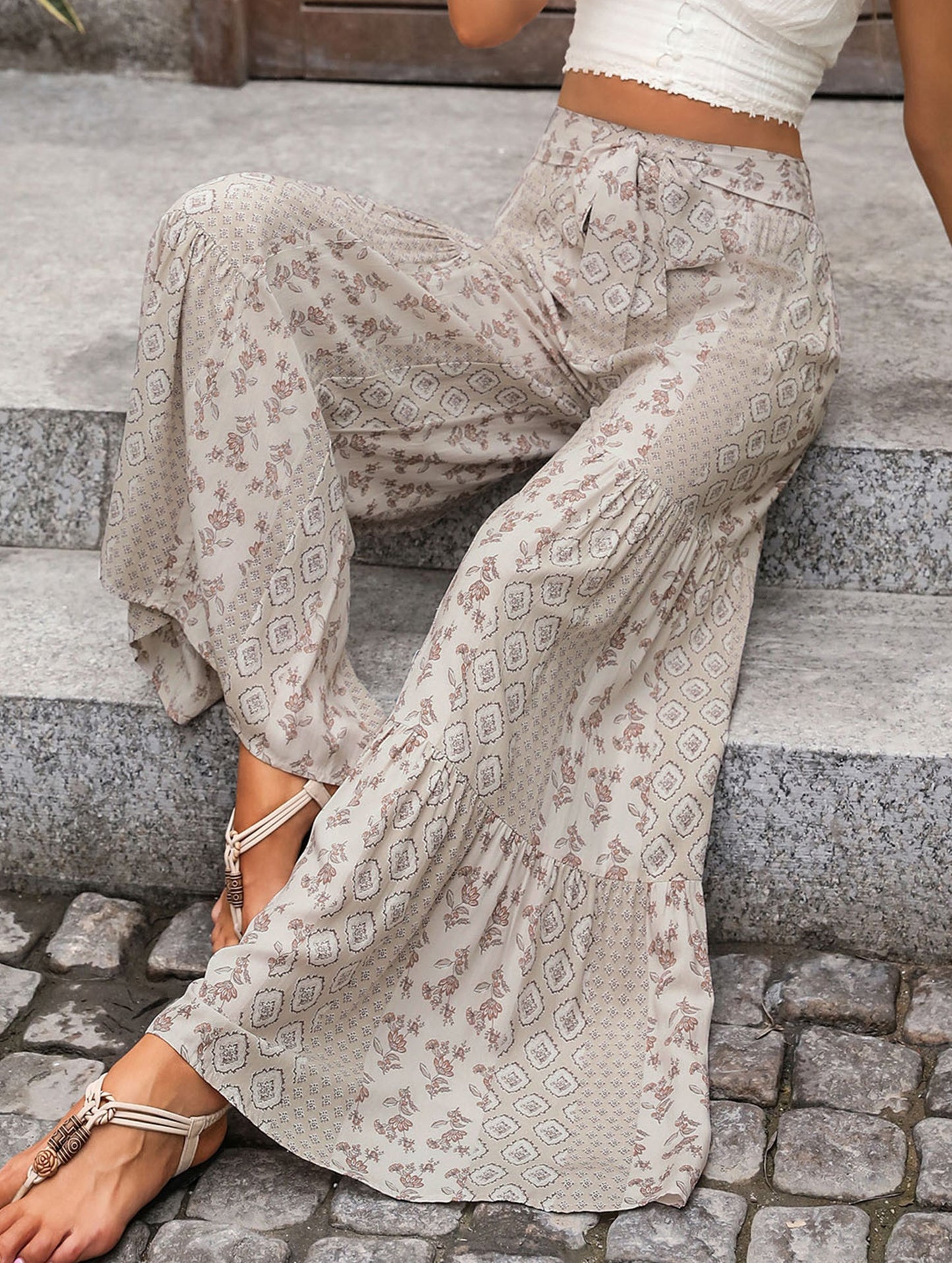 Lace-up geometric floral-print wide-leg pants