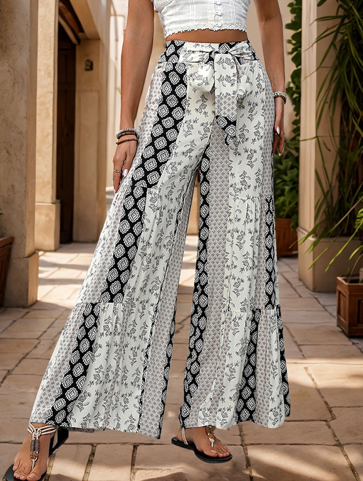 Lace-up geometric floral-print wide-leg pants