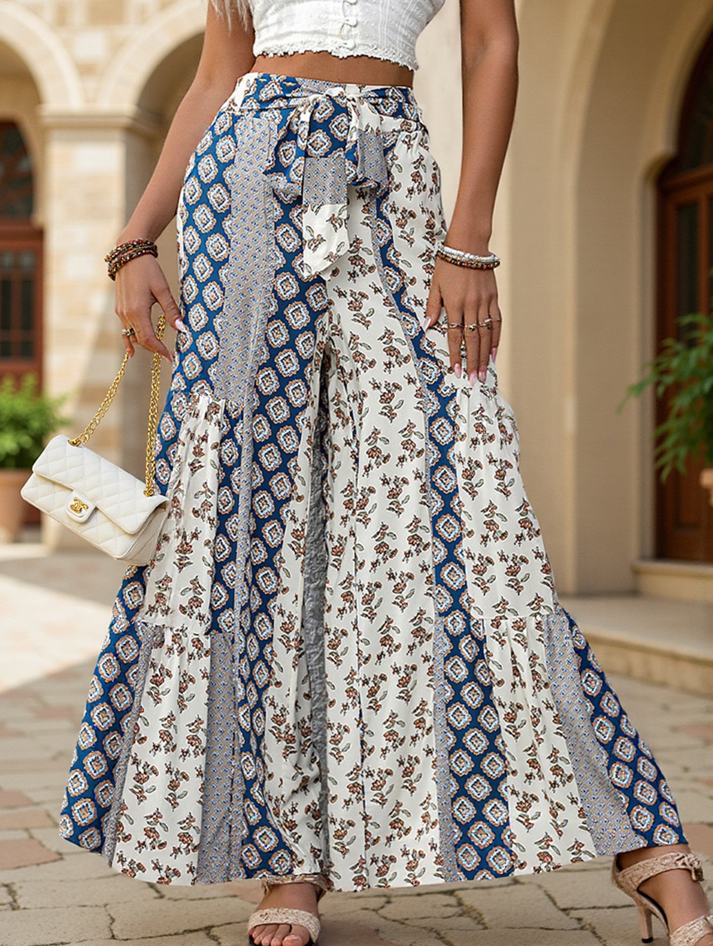 Lace-up geometric floral-print wide-leg pants