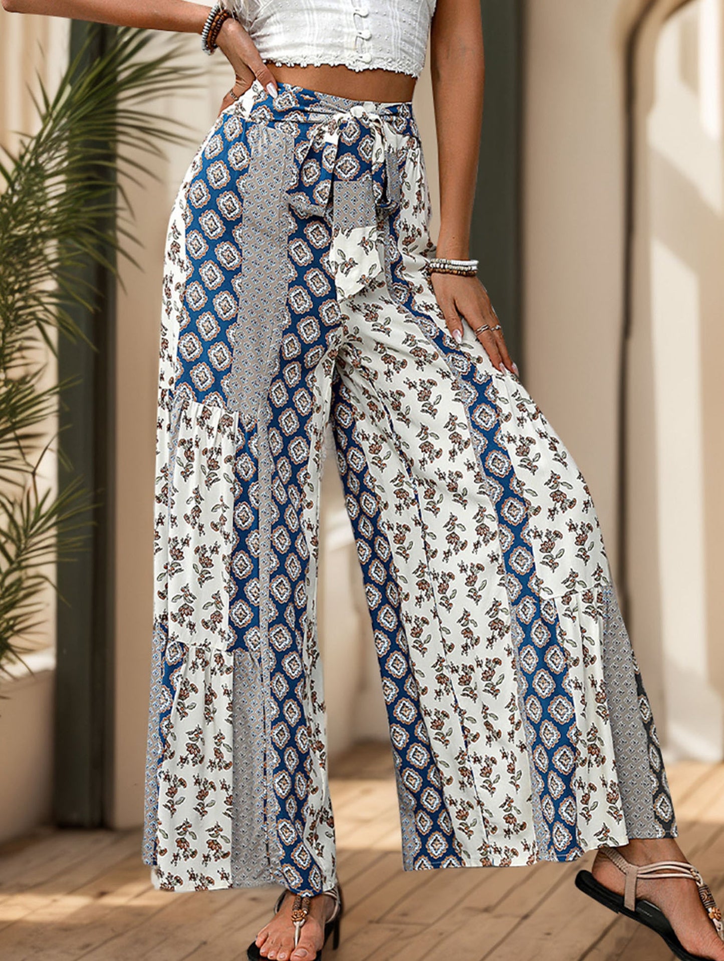 Lace-up geometric floral-print wide-leg pants