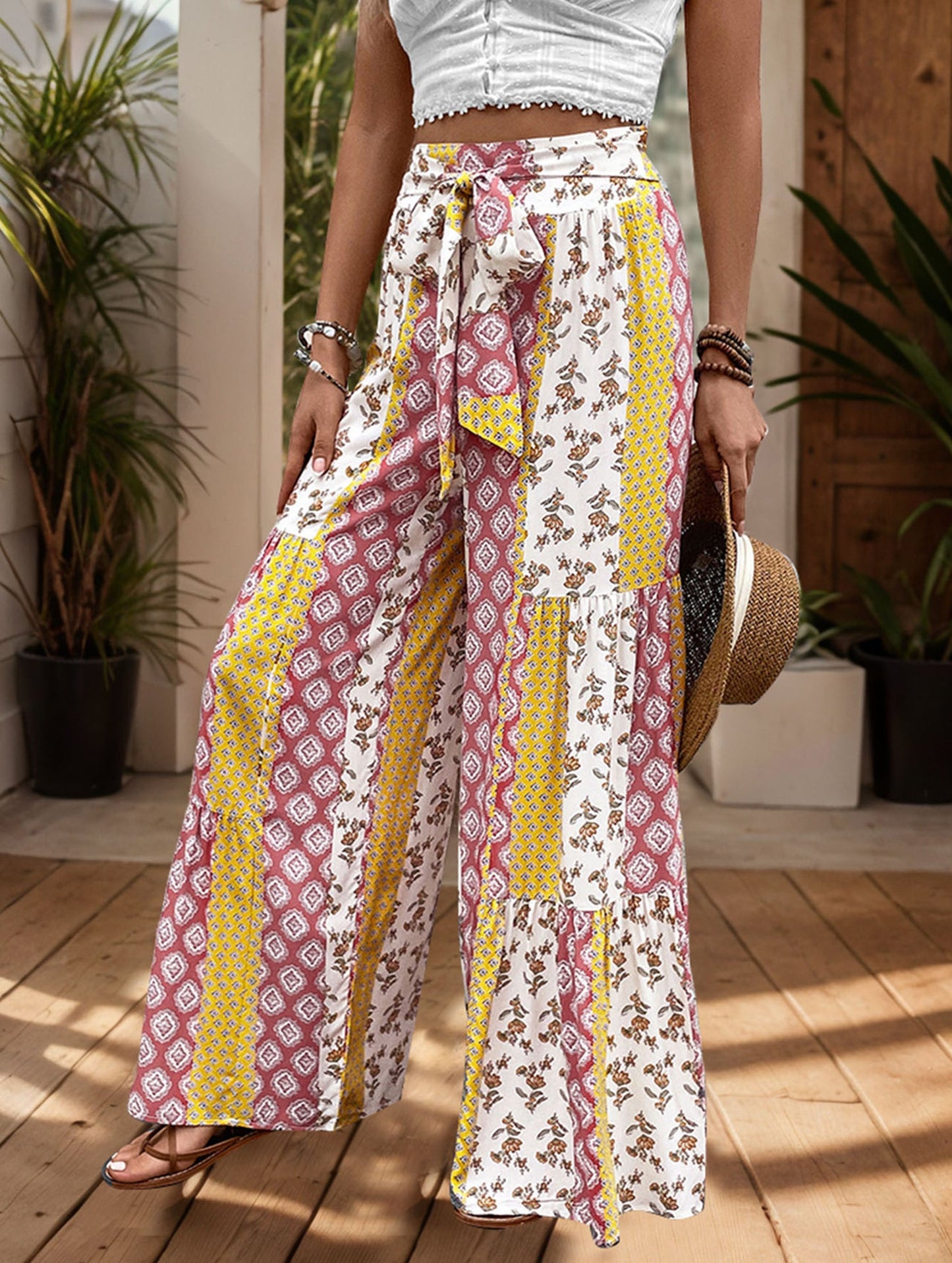 Lace-up geometric floral-print wide-leg pants